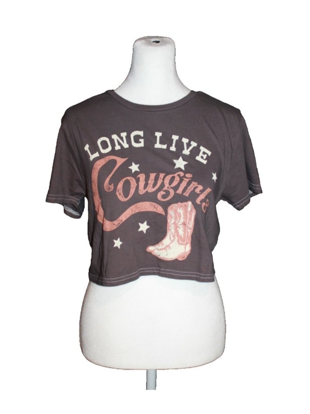 Sweet Claire Long Live Cowgirls Cropped Short Sleeve T Shirt Size S Brown NEW